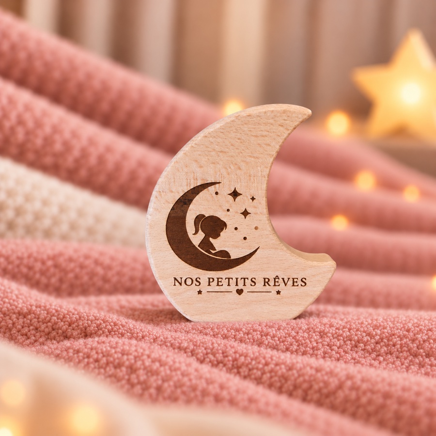 Plaque en forme de lune en bois gravée « Nos Petits Rêves »